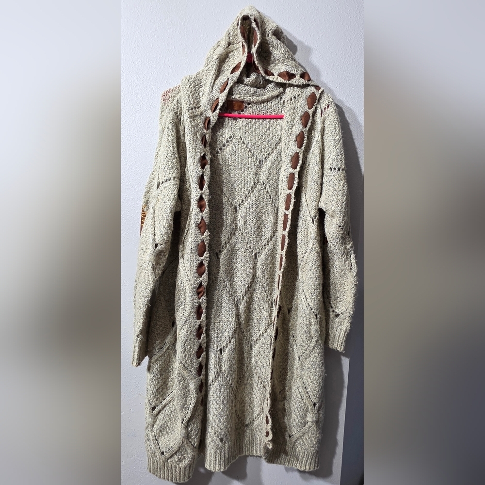 POL Women’s Diamond Eyelet Tan Sweater Cardigan Duster Elbow Patches Boho Size S